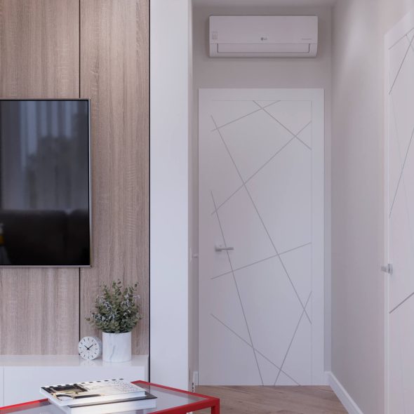 свежий и динамичный дизайн кухни-гостиной 15м2