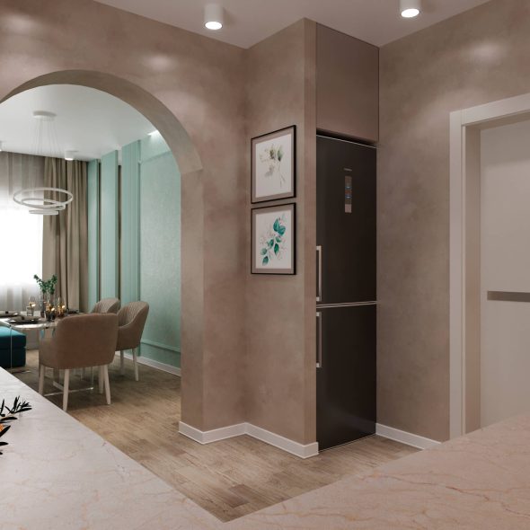 Вид из зоны рабочего места на кухню-гостиную по дизайн-проекту