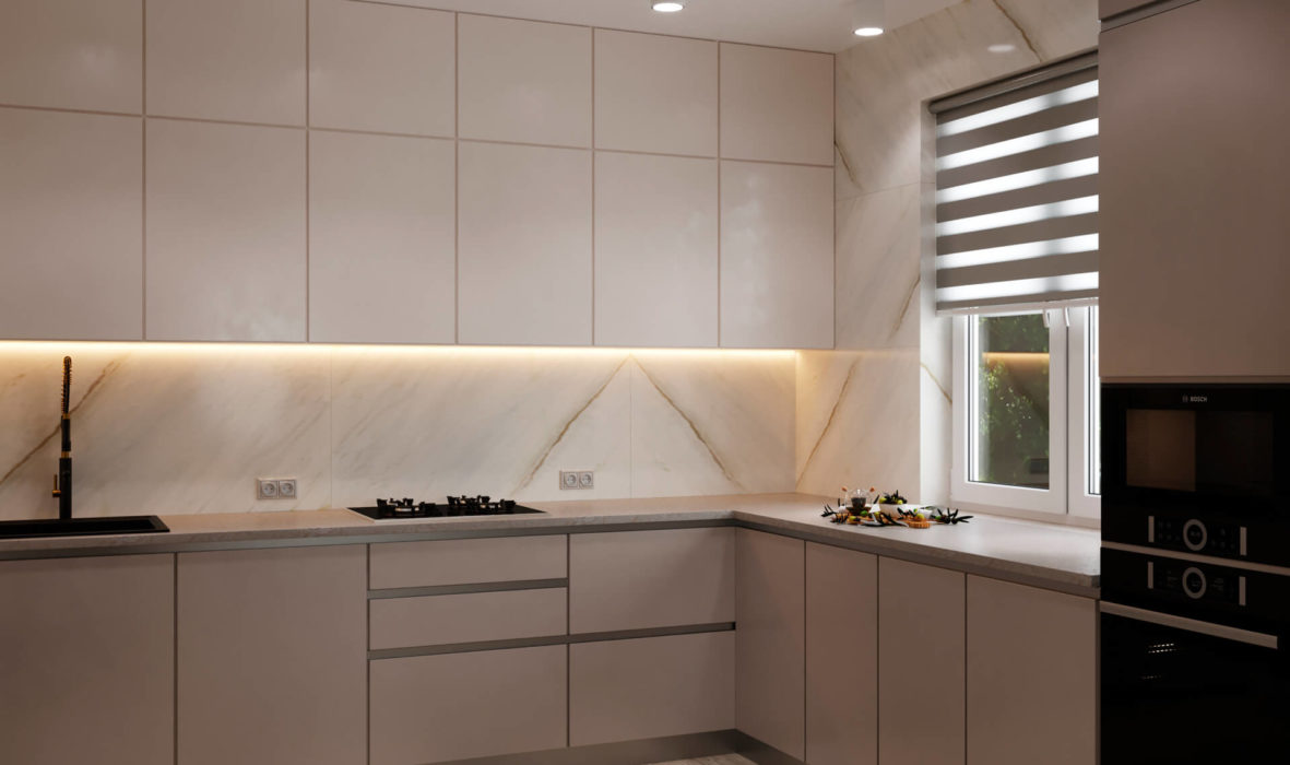 Кухонный уголок в мягких пастельных тонах кухни-гостиной 19м2