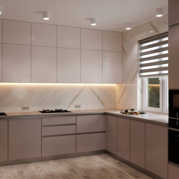 Кухонный уголок в мягких пастельных тонах кухни-гостиной 19м2