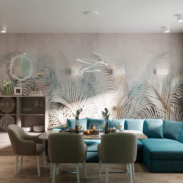 элементы декора с растительными принтами в кухне-гостиной