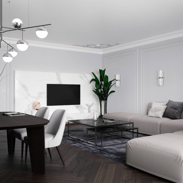 зонирование гостиной и кухни в квартире черно-белых тонов