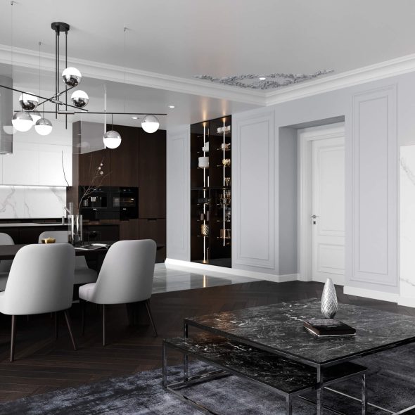 кухня гостиная неоклассика черно-белых цветов