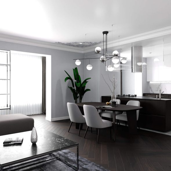 Дизайн-решение кухни-гостиной обеденный стол