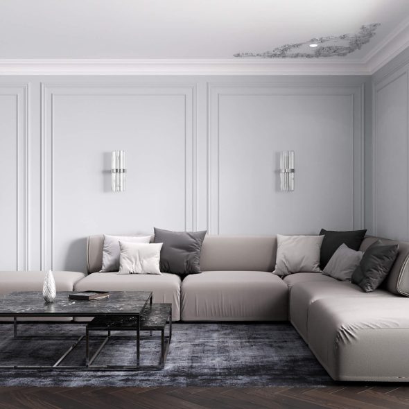 контрастные цвета в оформлении гостиной-кухни площадью 31 м2