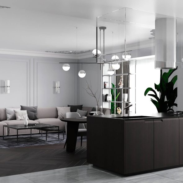 арт-дизайн кухни размещенной рядом с гостиной на 31 м2