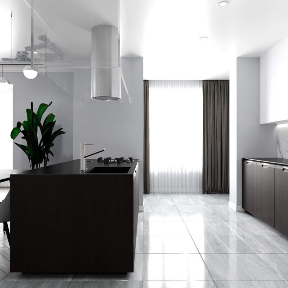 проектировка кухонной зоны гостиной и кухни 31 м2