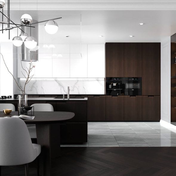 композиция в черно-белых тонах гостиной и кухни 31 м2