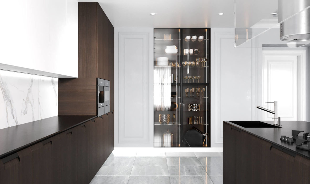 Черно-белый дизайн кухни-гостиной