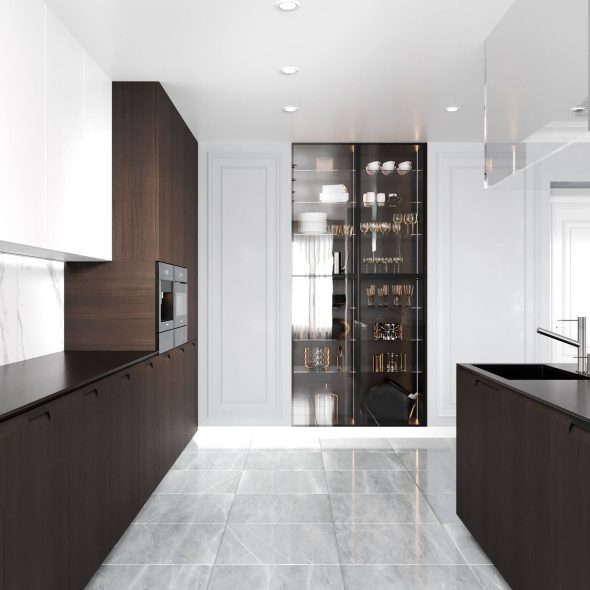 Черно-белый дизайн кухни-гостиной