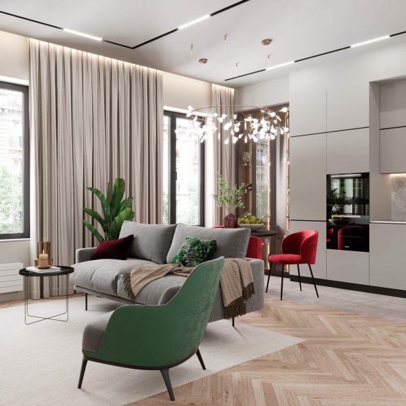 смелые яркие цвета в сочетании с пастельными тонами кухни-гостиной 