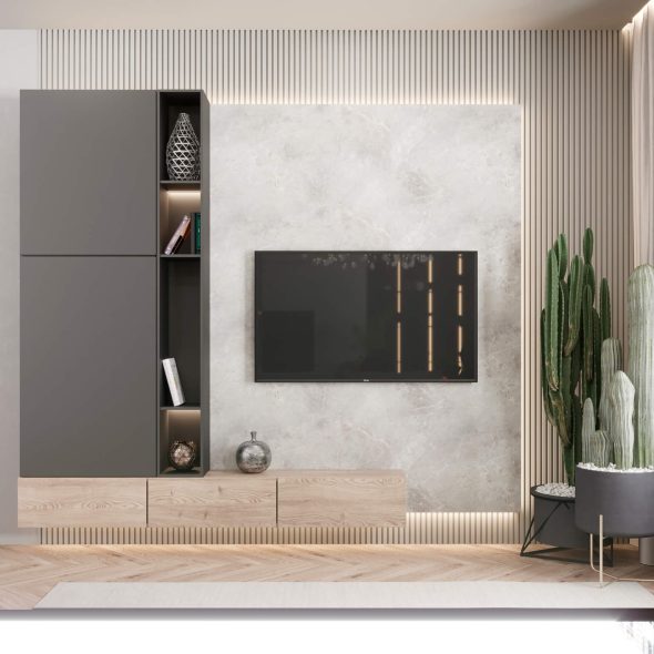 стильный уголок квартиры с телевизором, шкафом и растениями