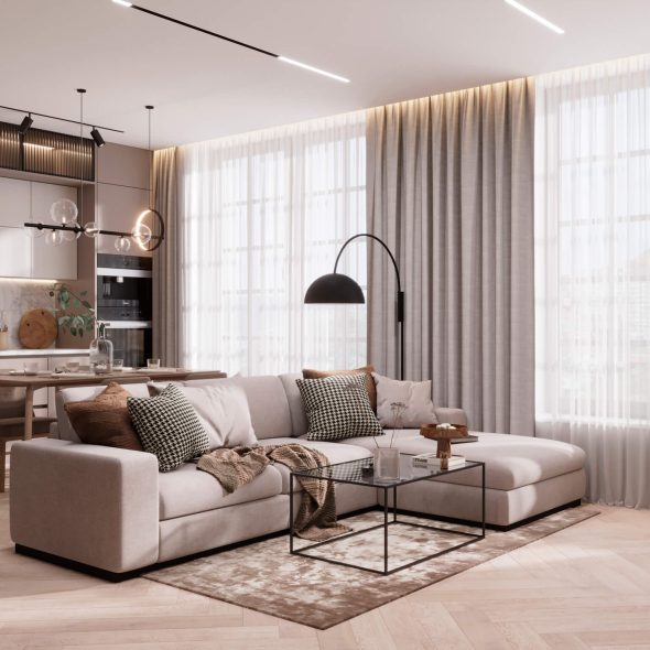 рациональный элегантный дизайн кухни-гостиной 23м2