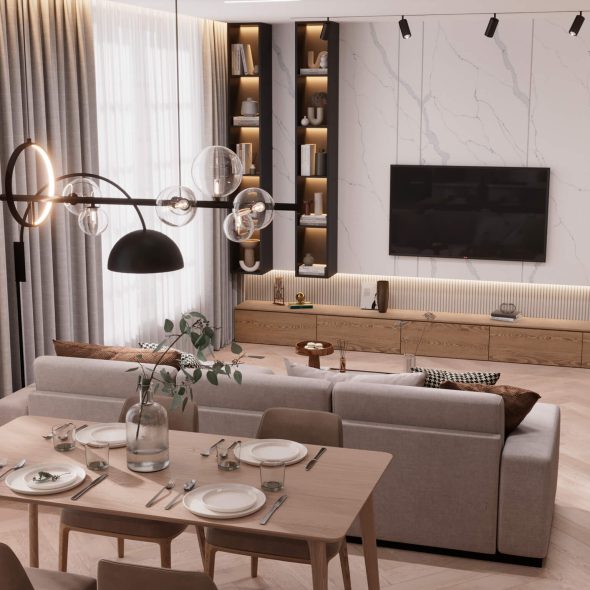 лаконичный и современный интерьер кухни-гостиной в квартире спб