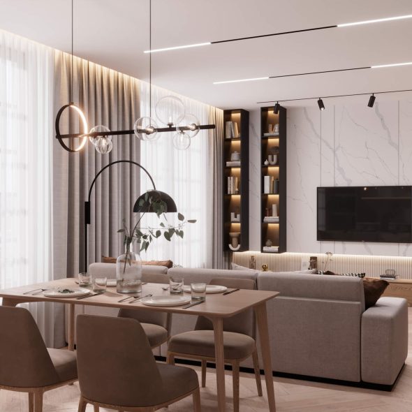 проект кухни-гостиной 23м2 с дизайнерским оформлением