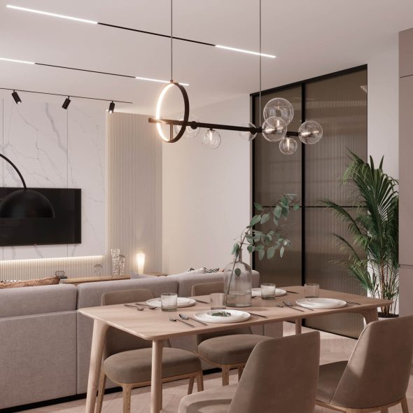 умное разделение пространства и сочетающиеся тона предметов и мебели кухни-гостиной