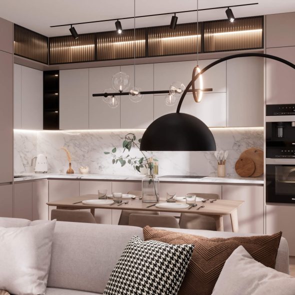 гостиная, совмещенная с кухней, по дизайнерскому проекту спб