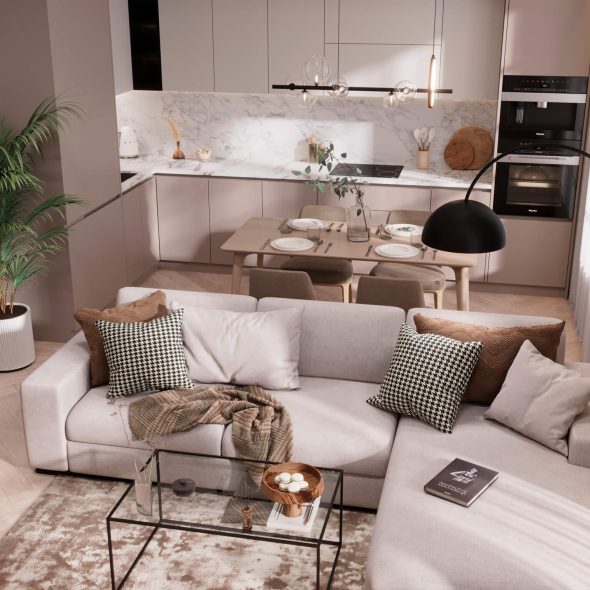 внутренний мир кухни-гостиной с дизайнерским вкусом 