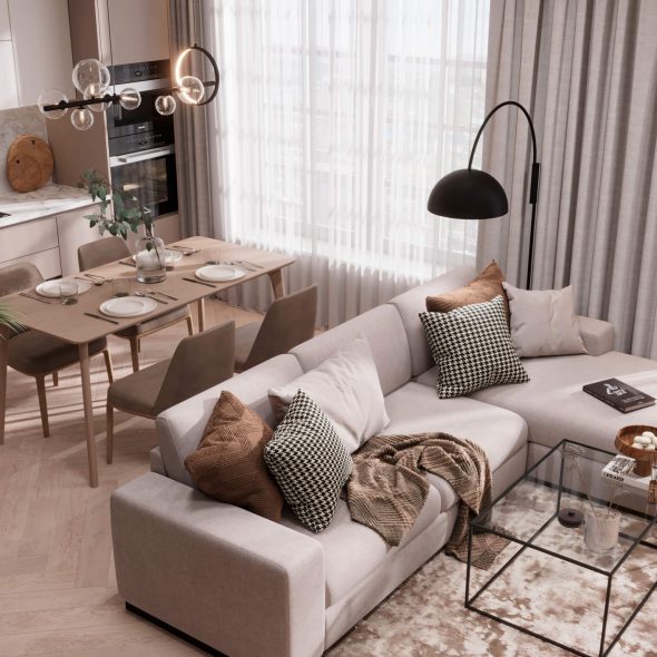 дизайнерское решение в обстановке кухни-гостиной 23м2