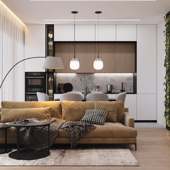 интерьер кухни-гостиной 3-х комнатной квартиры современный