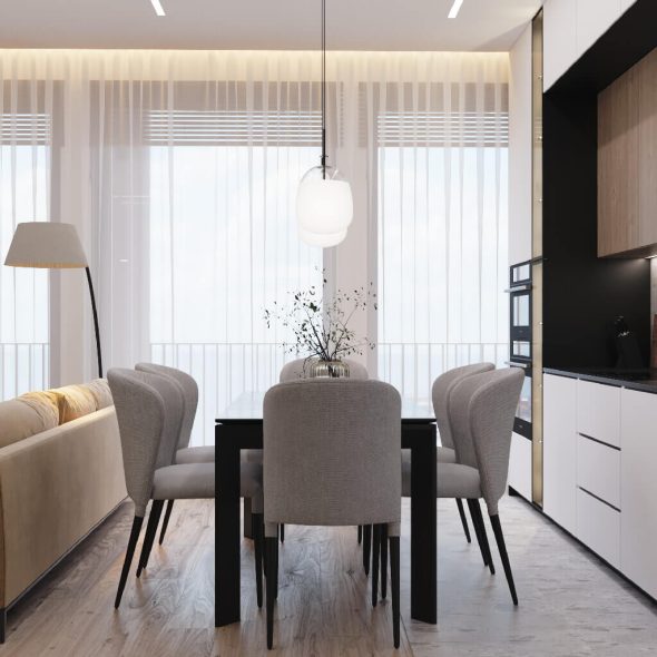 гостиная, совмещенная с кухней, неоклассика 