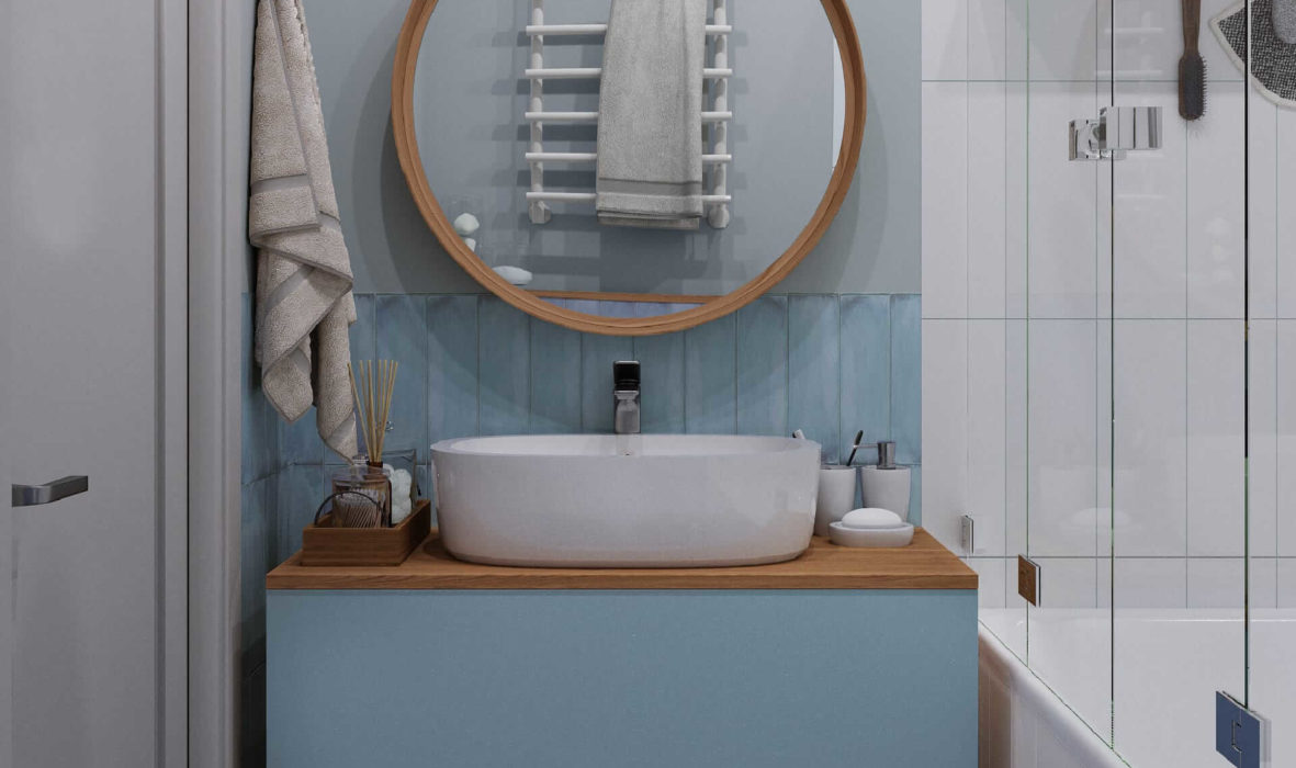 высоко функциональный столик с зеркалом в ванной квартиры в спб