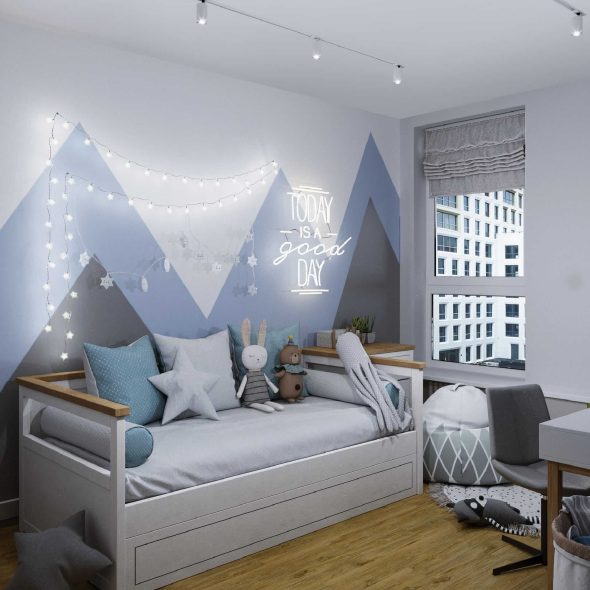 кровать-диван и учебный столик серо-голубых тонов