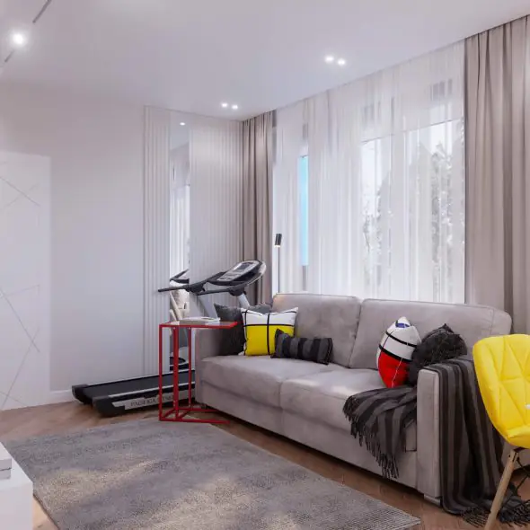 дизайнерский уголок с диваном у окна кухни-гостиной 15м2