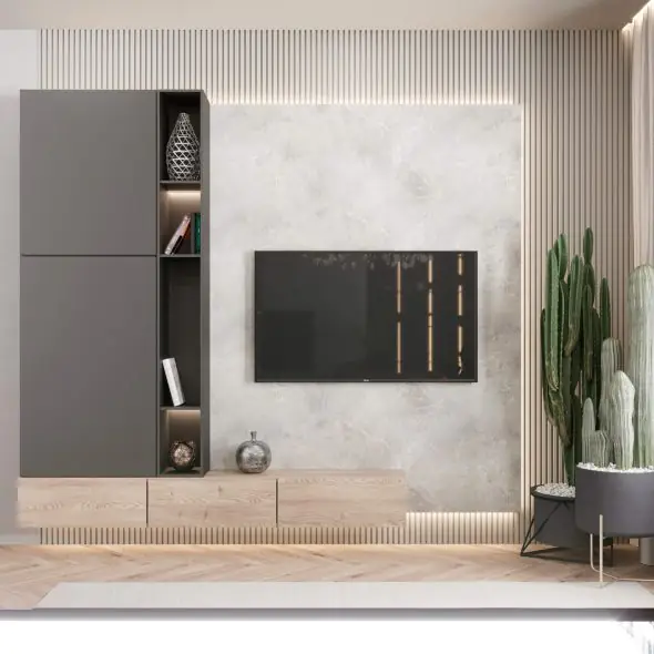 стильный уголок квартиры с телевизором, шкафом и растениями