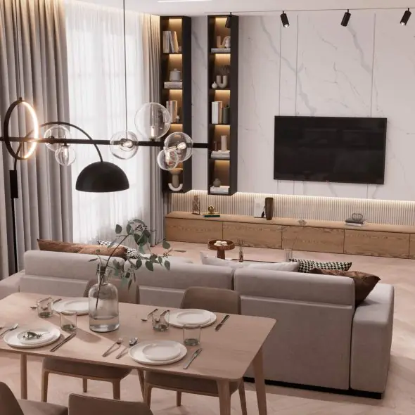 лаконичный и современный интерьер кухни-гостиной в квартире спб