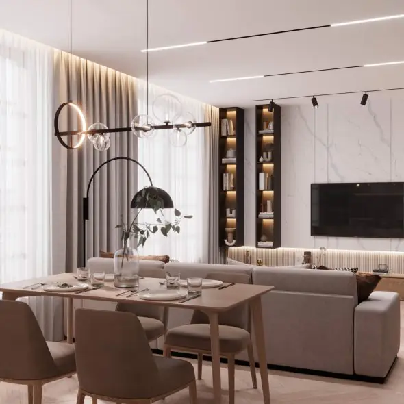 проект кухни-гостиной 23м2 с дизайнерским оформлением