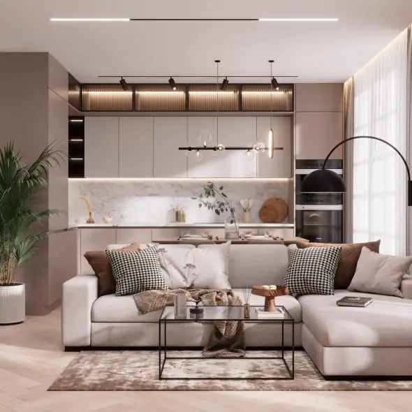 комфортабельный интерьер кухни-гостиной 23м2 в спб