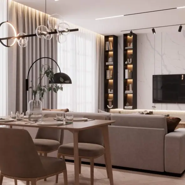 кухня, совмещенная с гостиной, выполненные по дизайн-проекту